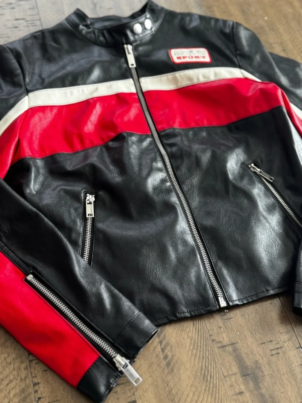 Forever 21 Black, Red & White Leather-Style Racing Jacket